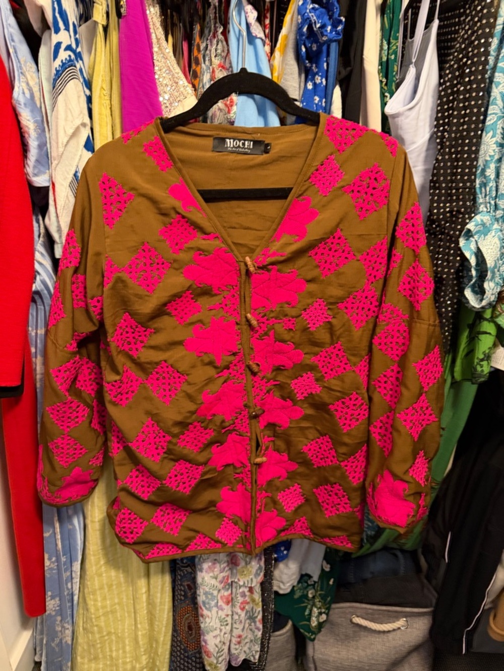 Mochi The Art of Embroidery Handmade Brown Silk Jacket with Hot Pink Embroidery